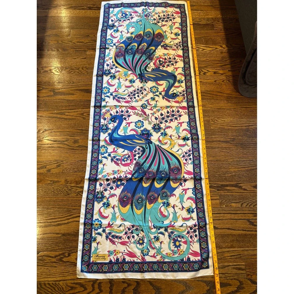 Silk Art Bursa Turkey 100% Silk Peacock Floral Rectangle Large Scarf Wrap 22x62